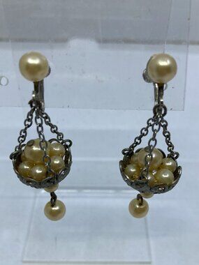Vtg bird's nest silver tone faux pearl basket Miriam Haskell screw earrings